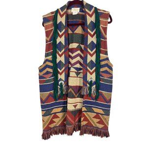 Western Striped Vest S Red Aztec Tapestry Tribal Boho Fringe Chevron Indian 70s